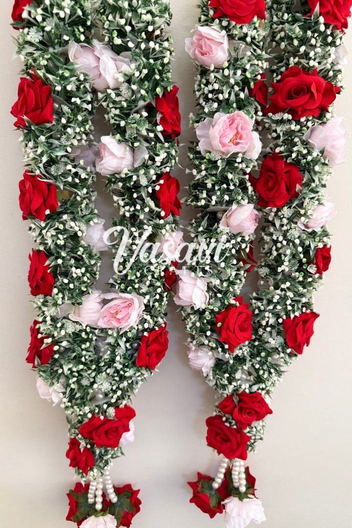 Baby's Breath Flower Varmala with Light Pink Peony and Red Roses