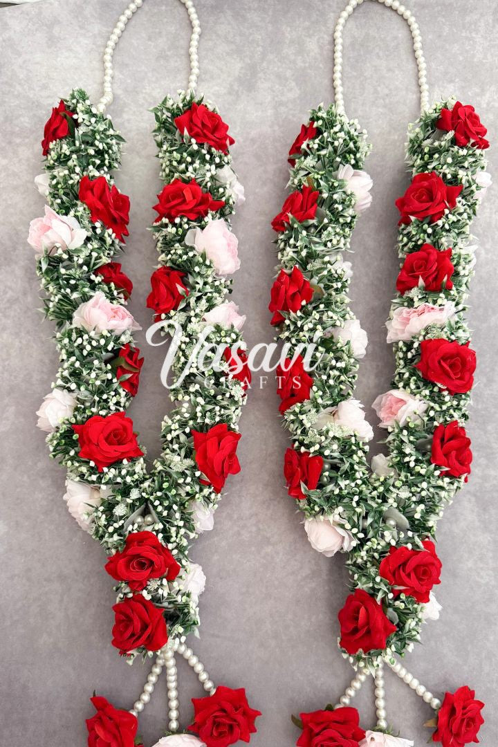 Baby's Breath Flower Varmala with Light Pink Peony and Red Roses