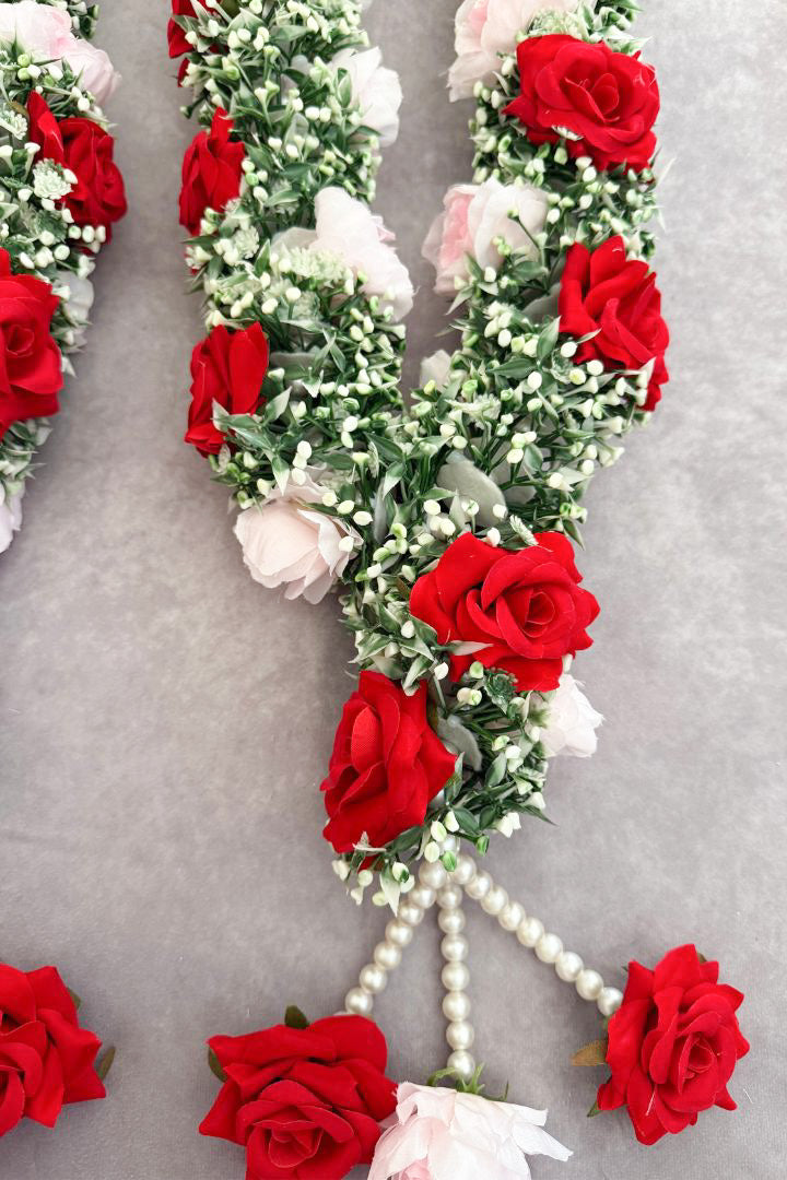Baby's Breath Flower Varmala with Light Pink Peony and Red Roses
