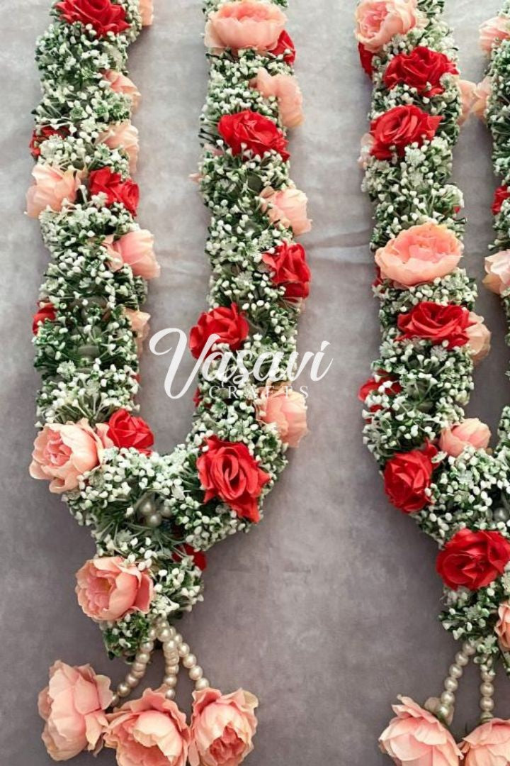 Baby's Breath Flower Varmala with Blush Pink Peony and Red Roses