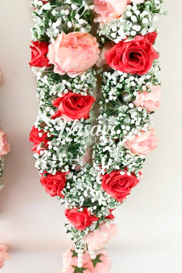 Baby's Breath Flower Varmala with Blush Pink Peony and Red Roses