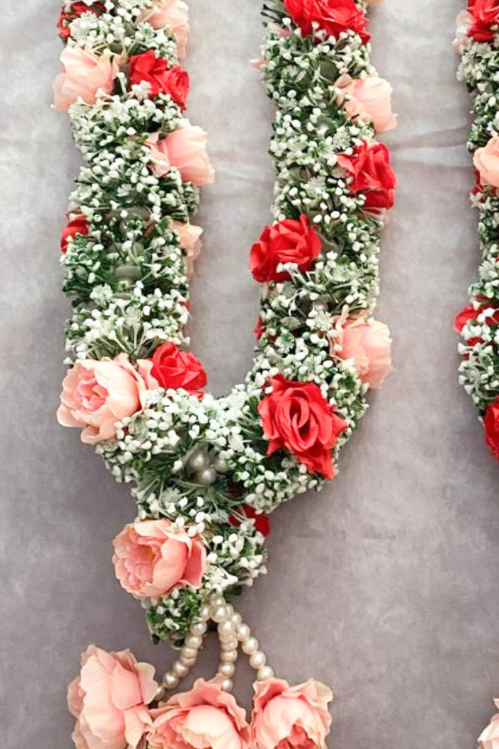 Baby's Breath Flower Varmala with Blush Pink Peony and Red Roses