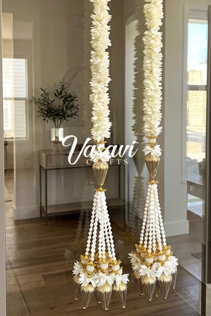 Pack of 12,20,30,40,50,70,100,150 Ivory Flower Garlands with Gold Drops Bunch