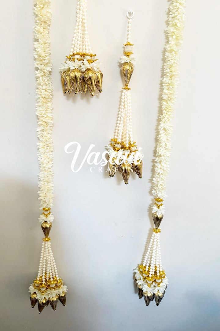 Pack of 12,20,30,40,50,70,100,150 Ivory Flower Garlands with Gold Drops Bunch
