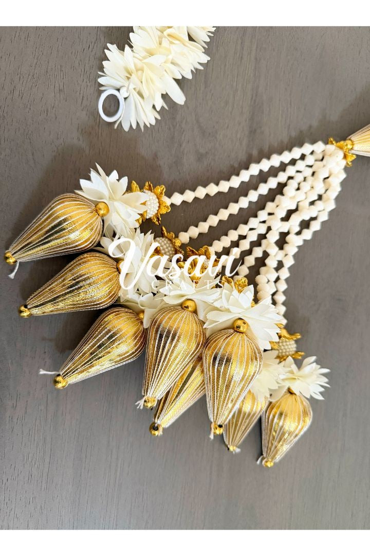 Pack of 12,20,30,40,50,70,100,150 Ivory Flower Garlands with Gold Drops Bunch