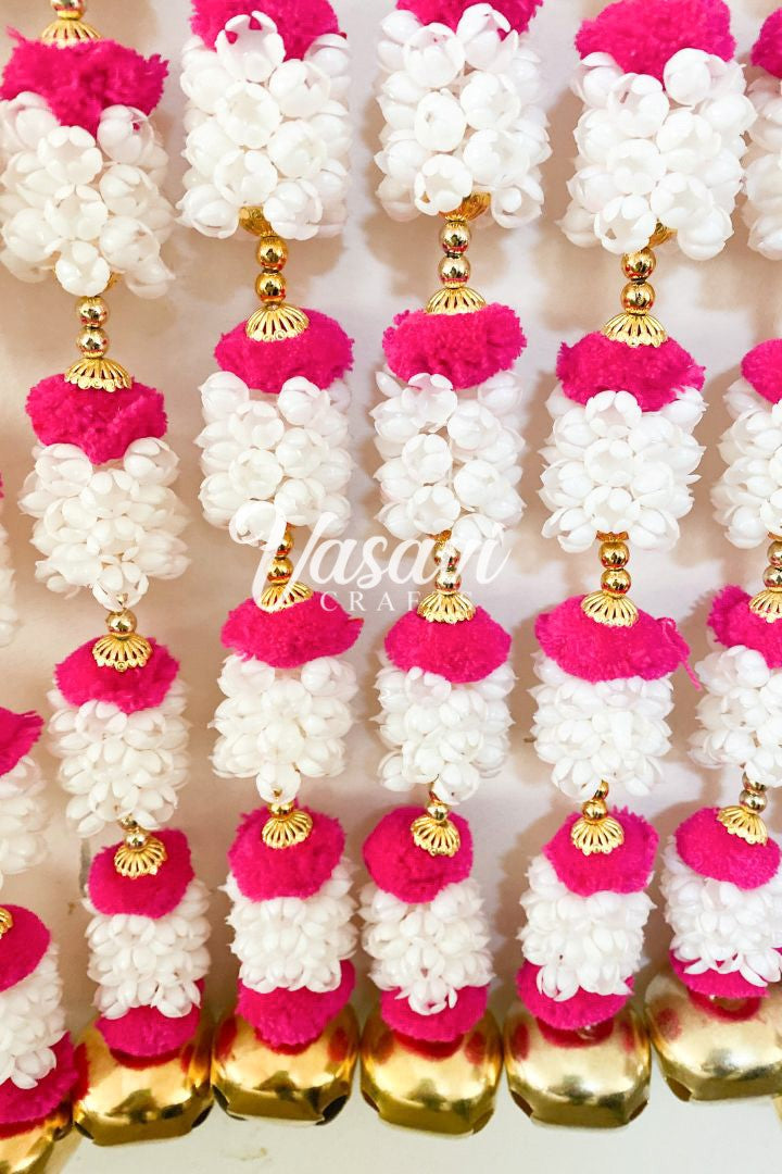 Pack of 20, 40, 50 Mogra/Jasmine Flower Garlands with Yellow  Pom Poms