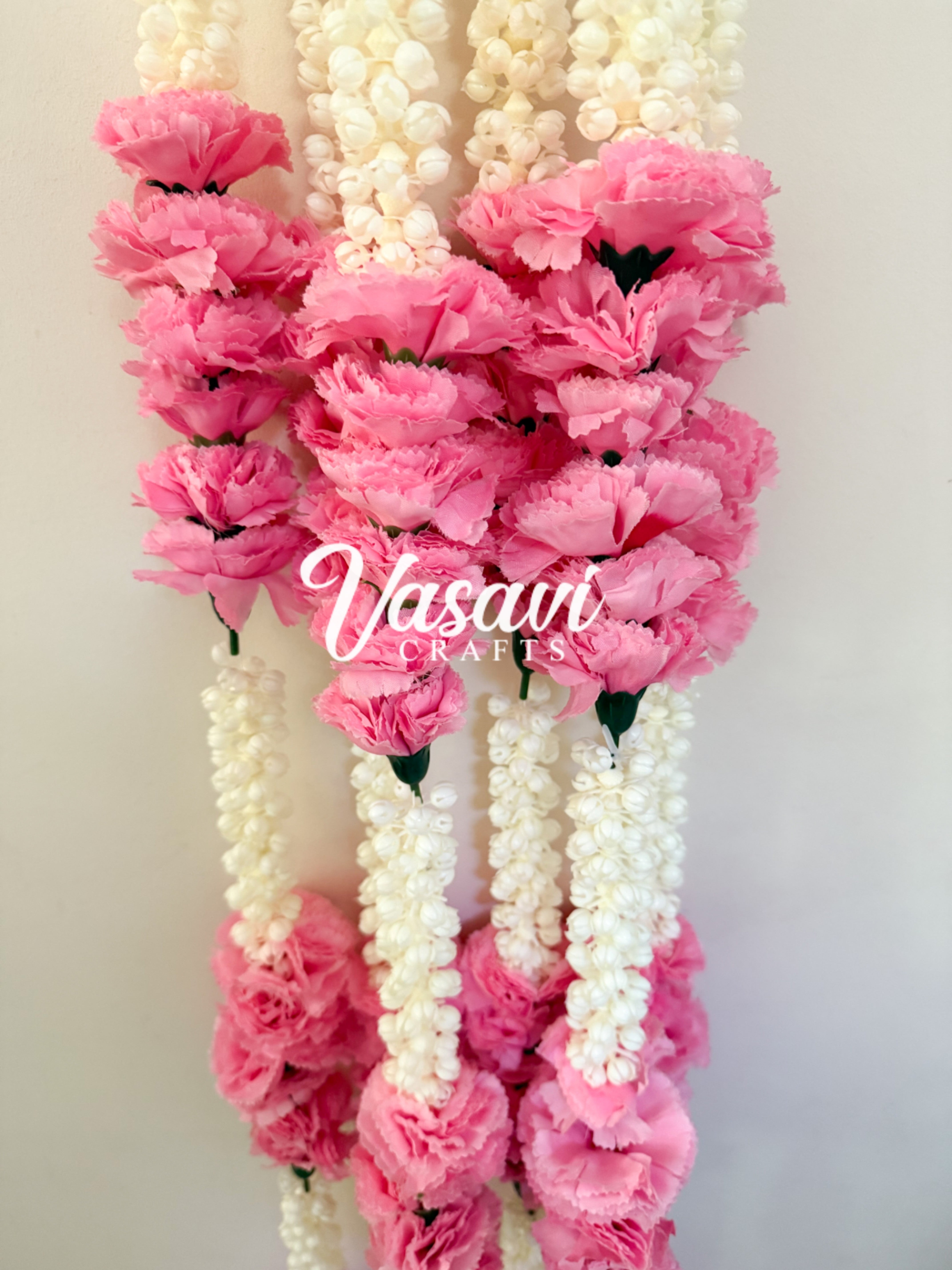 Pack of 6 Mogra/Jasmine Flower Garlands with Pink Carnation Flowers