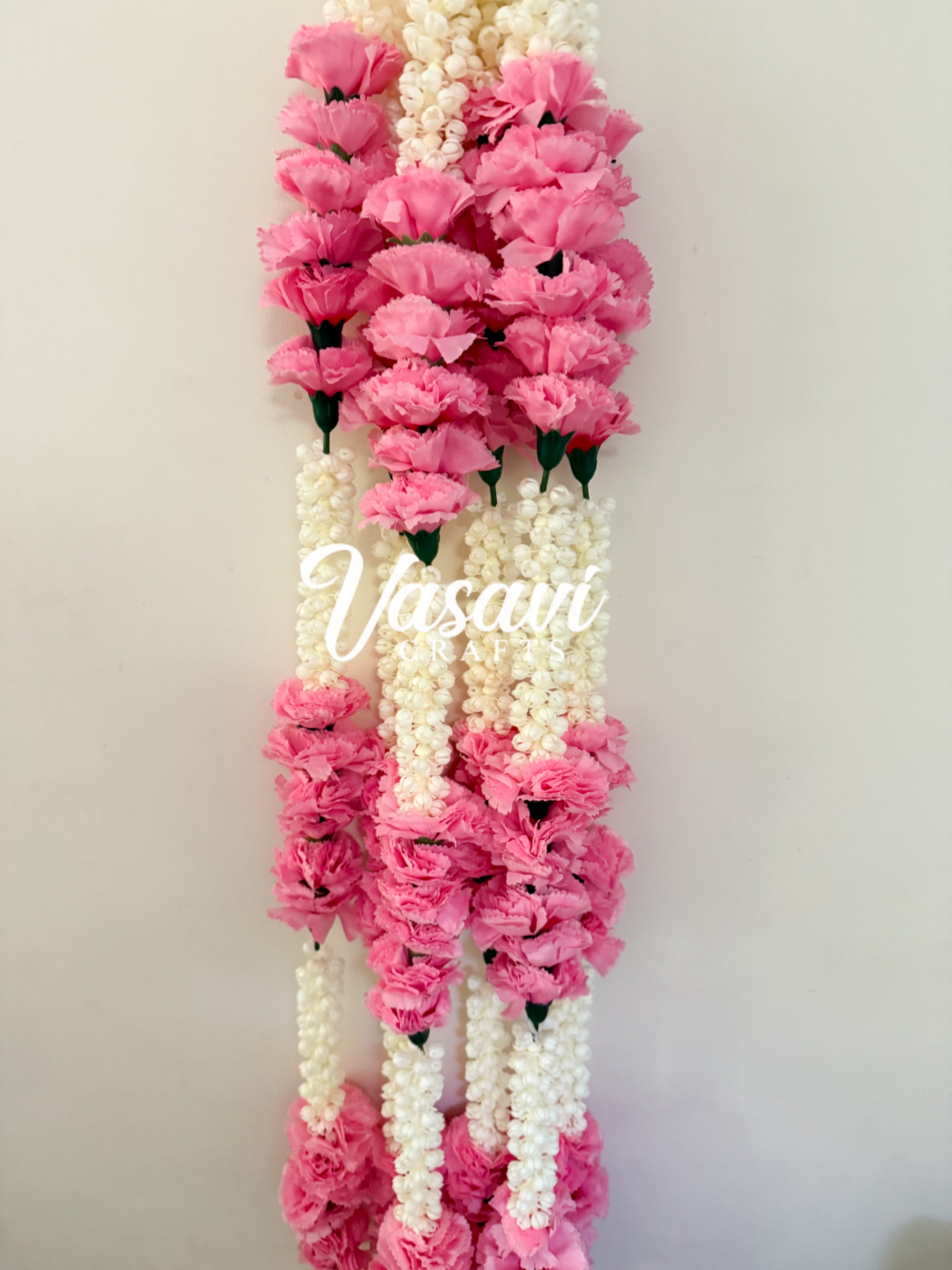 Pack of 6 Mogra/Jasmine Flower Garlands with Pink Carnation Flowers