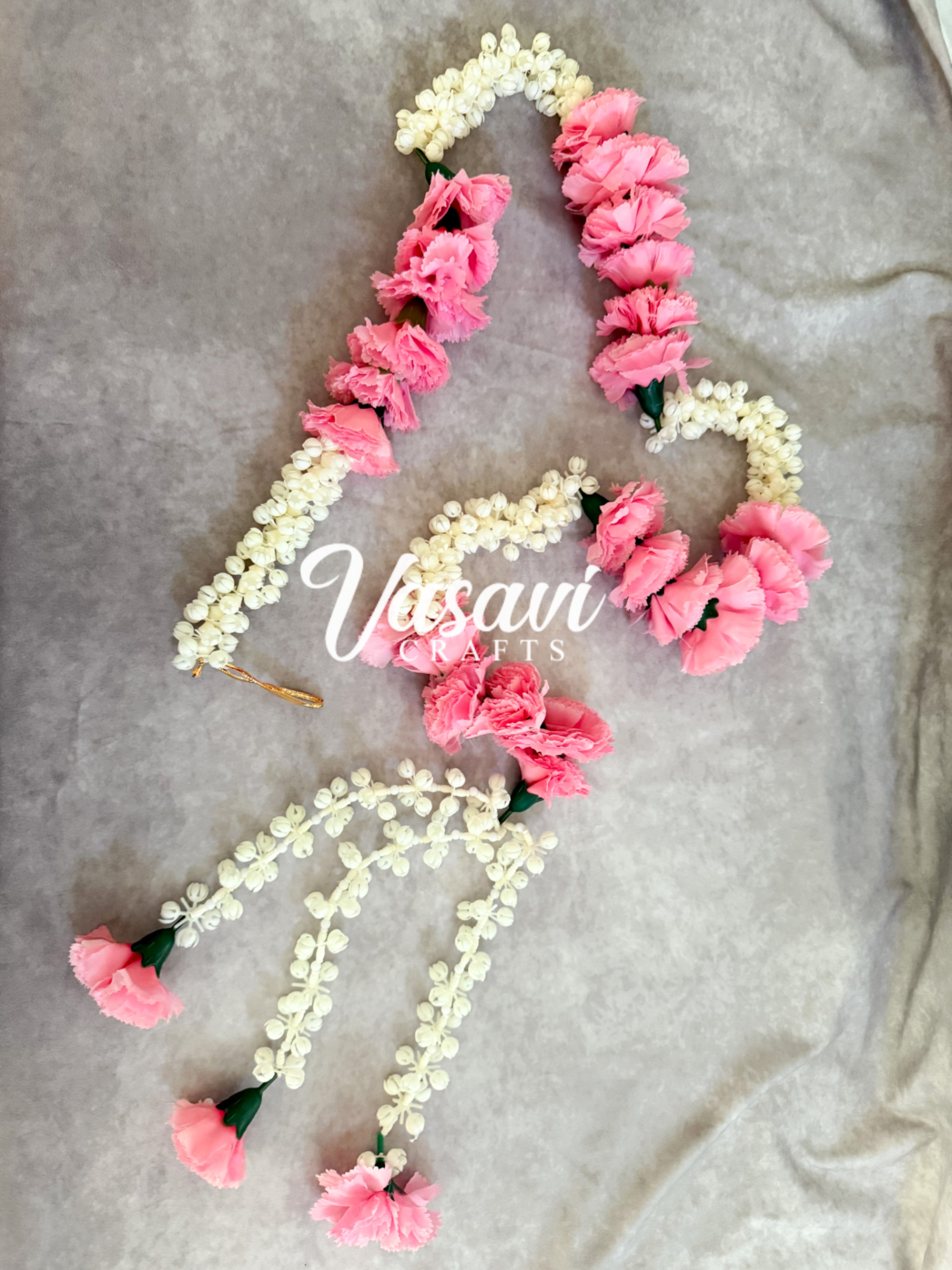 Pack of 6 Mogra/Jasmine Flower Garlands with Pink Carnation Flowers