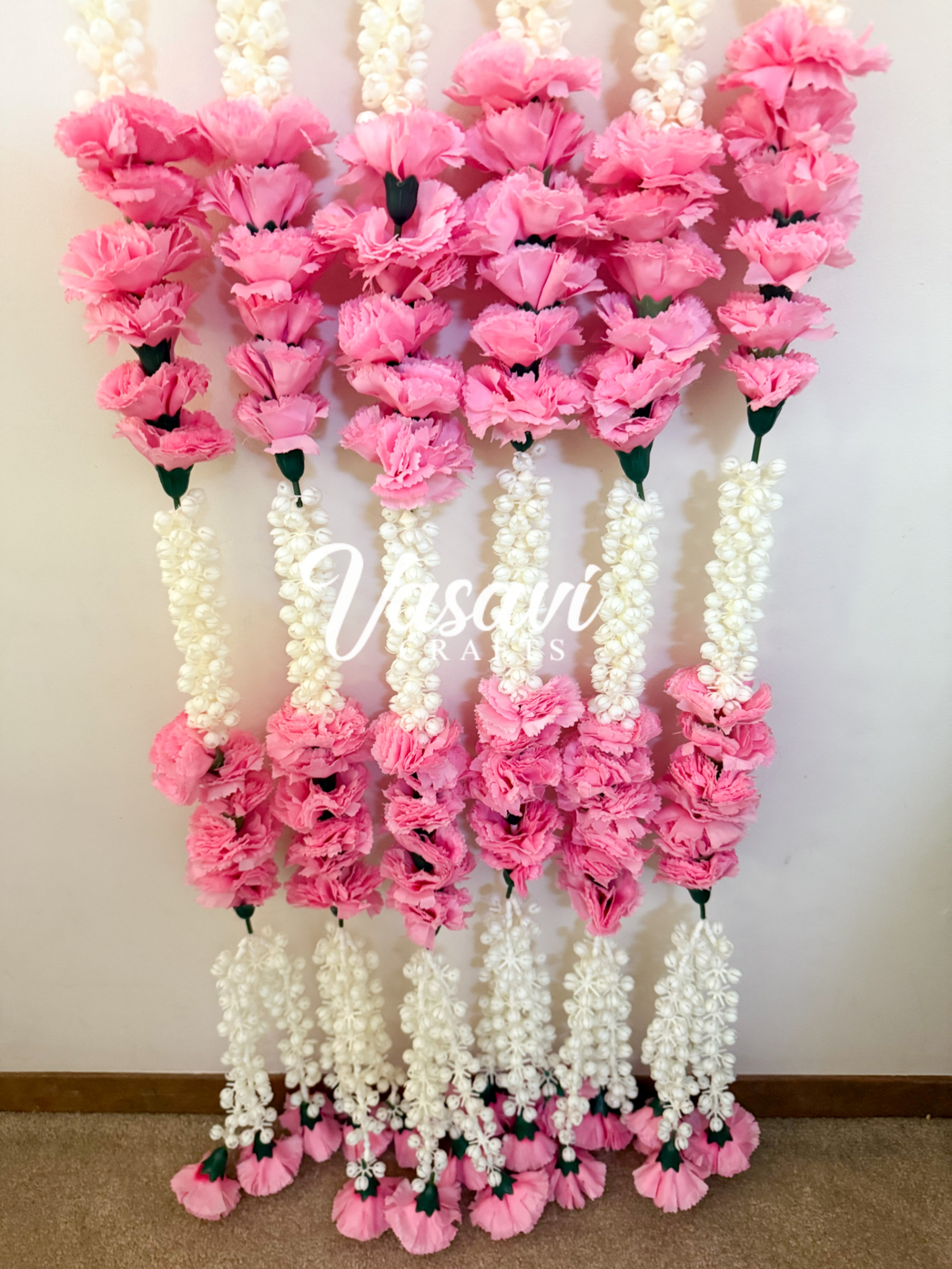 Pack of 6 Mogra/Jasmine Flower Garlands with Pink Carnation Flowers