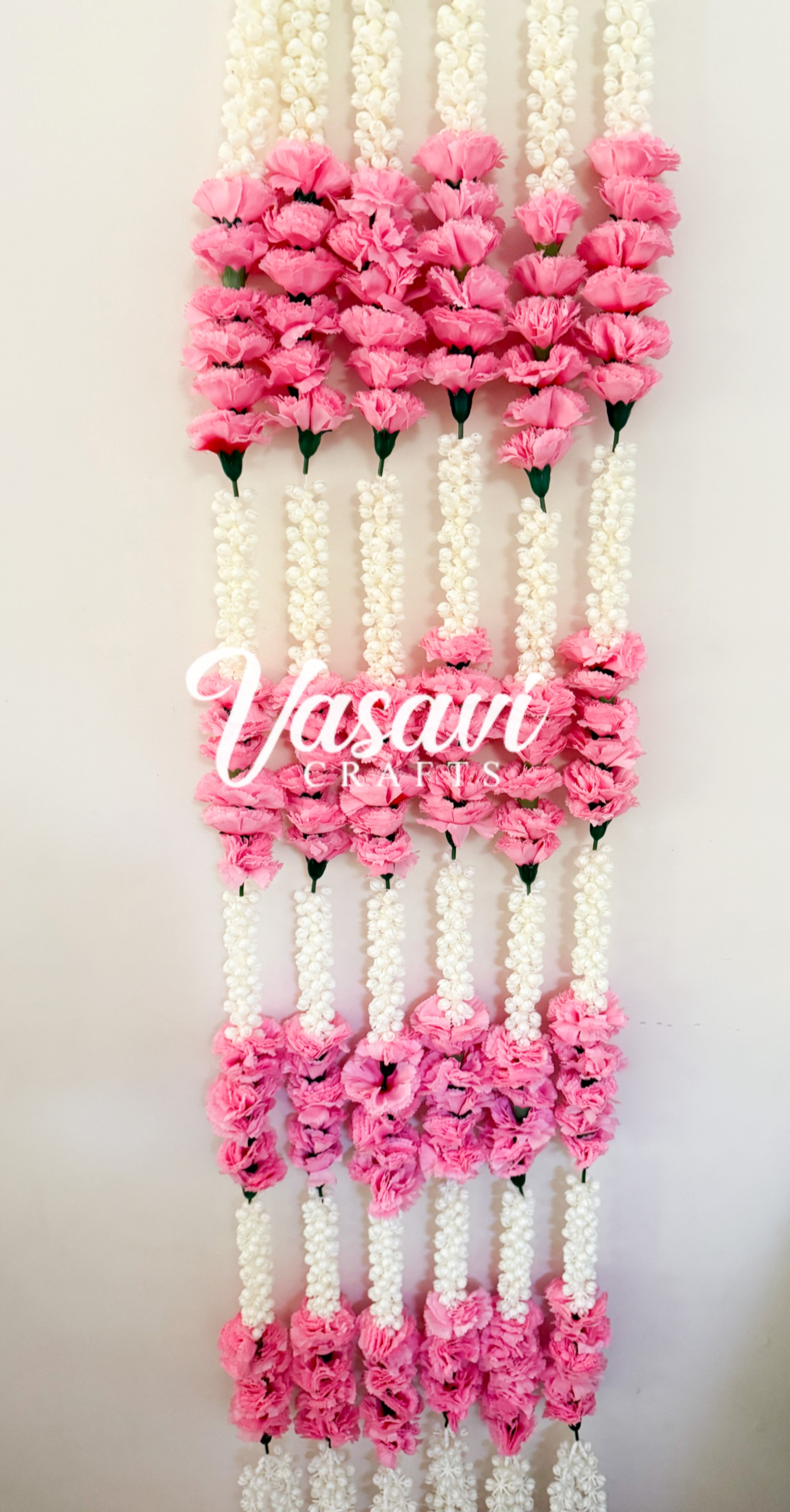 Pack of 6 Mogra/Jasmine Flower Garlands with Pink Carnation Flowers
