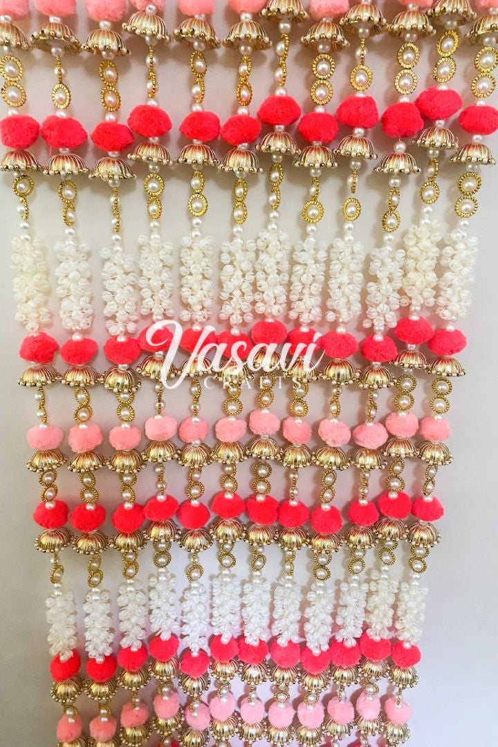 Pack of 10 Mogra/Jasmine Garlands with Pink and Coral Pom Poms