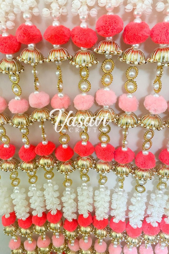 Pack of 10 Mogra/Jasmine Garlands with Pink and Coral Pom Poms