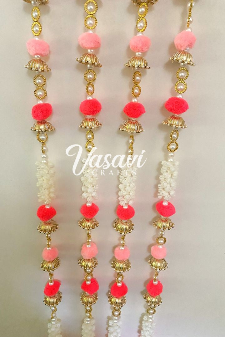 Pack of 10 Mogra/Jasmine Garlands with Pink and Coral Pom Poms