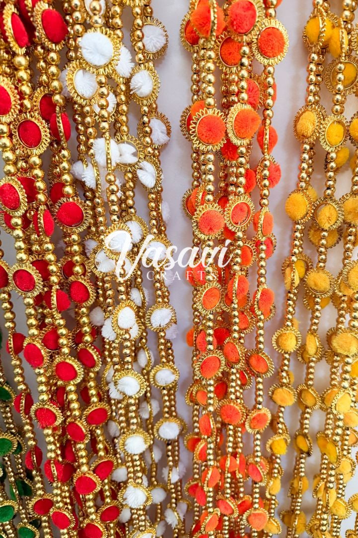Pack of 10 Pom Pom Garlands with Gold Rings and Bell