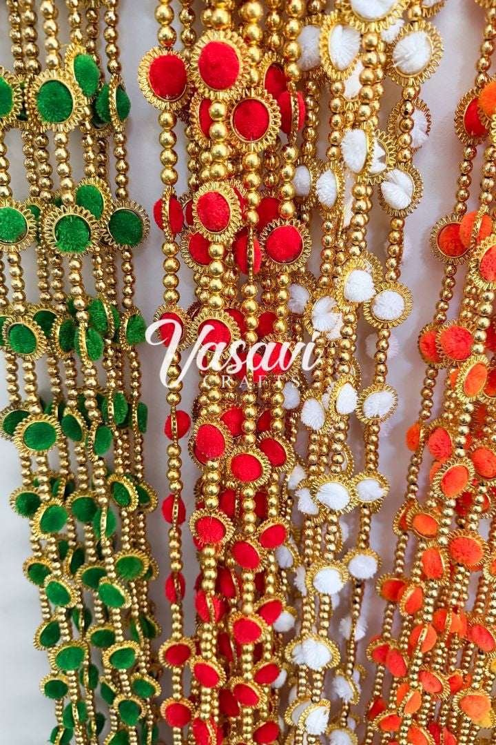 Pack of 10 Pom Pom Garlands with Gold Rings and Bell