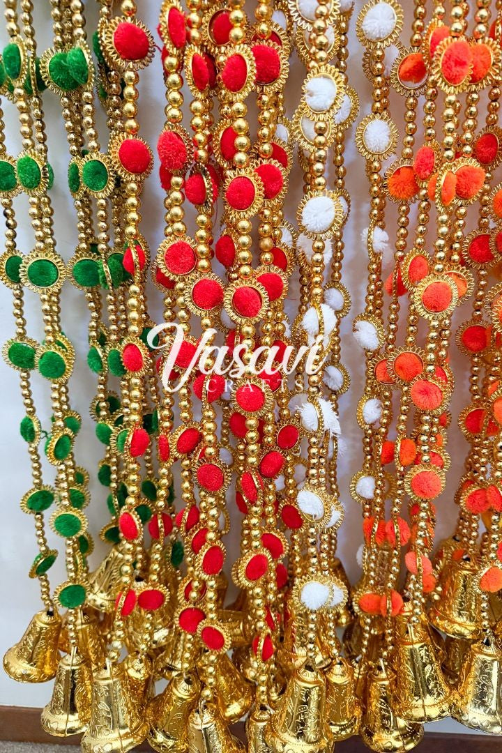 Pack of 10 Pom Pom Garlands with Gold Rings and Bell