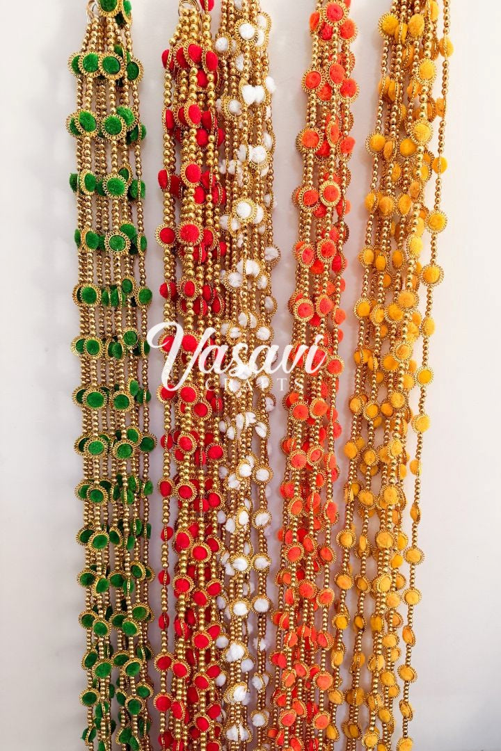 Pack of 10 Pom Pom Garlands with Gold Rings and Bell