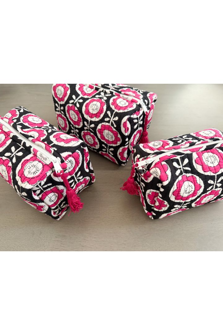 Set of 3 Flower Print Quilted Cotton  Cosmetic,Travel, Toiletry Bags
