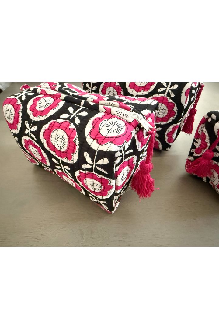 Set of 3 Flower Print Quilted Cotton  Cosmetic,Travel, Toiletry Bags
