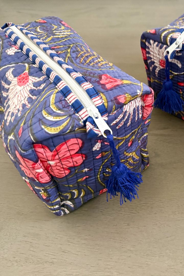 Set of 3 Navy Floral Print Quilted Cotton Cosmetic,Travel, Toiletry Bags