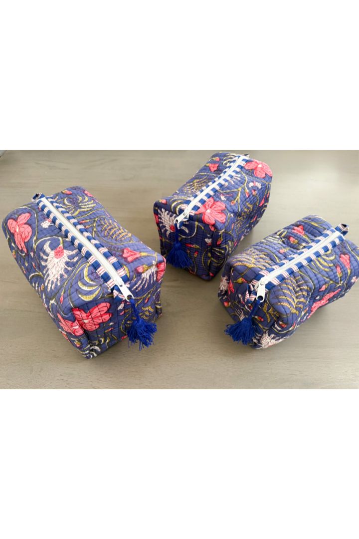 Set of 3 Navy Floral Print Quilted Cotton Cosmetic,Travel, Toiletry Bags