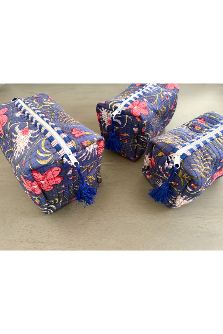 Set of 3 Navy Floral Print Quilted Cotton Cosmetic,Travel, Toiletry Bags