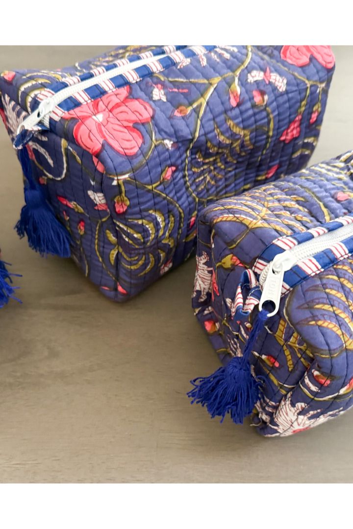 Set of 3 Navy Floral Print Quilted Cotton Cosmetic,Travel, Toiletry Bags