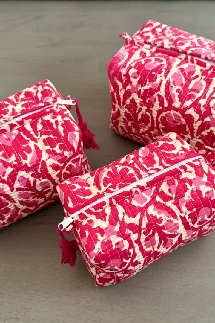 Set of 3 Printed Quilted Cotton Cosmetic,Travel, Toiletry Bags