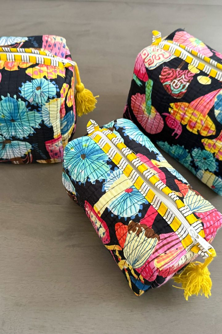 Set of 3 Black Print Quilted Cotton Cosmetic,Travel, Toiletry Bags