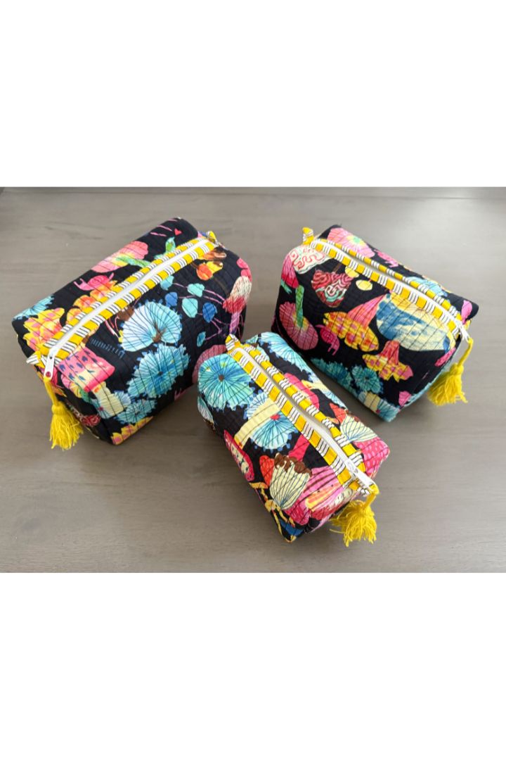 Set of 3 Black Print Quilted Cotton Cosmetic,Travel, Toiletry Bags