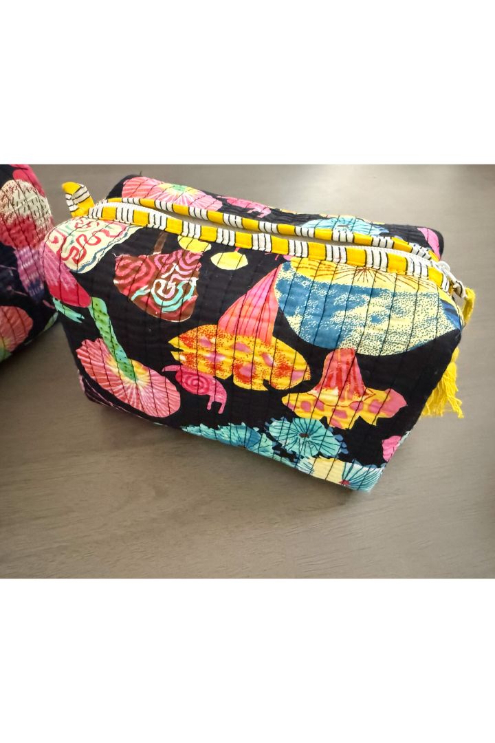 Set of 3 Black Print Quilted Cotton Cosmetic,Travel, Toiletry Bags