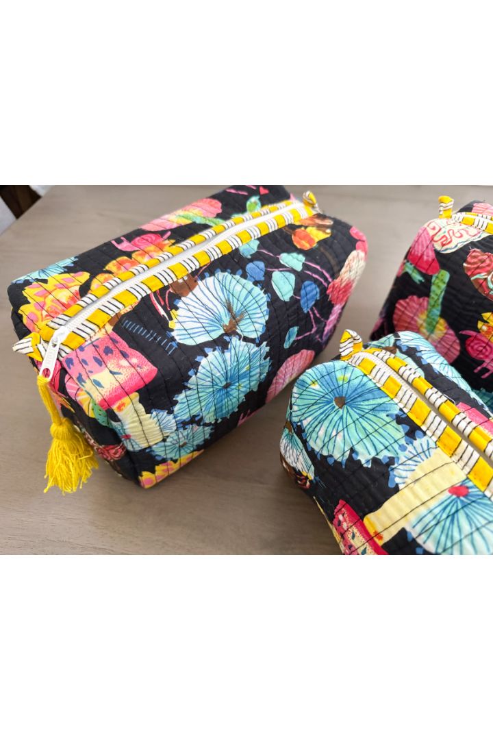 Set of 3 Black Print Quilted Cotton Cosmetic,Travel, Toiletry Bags