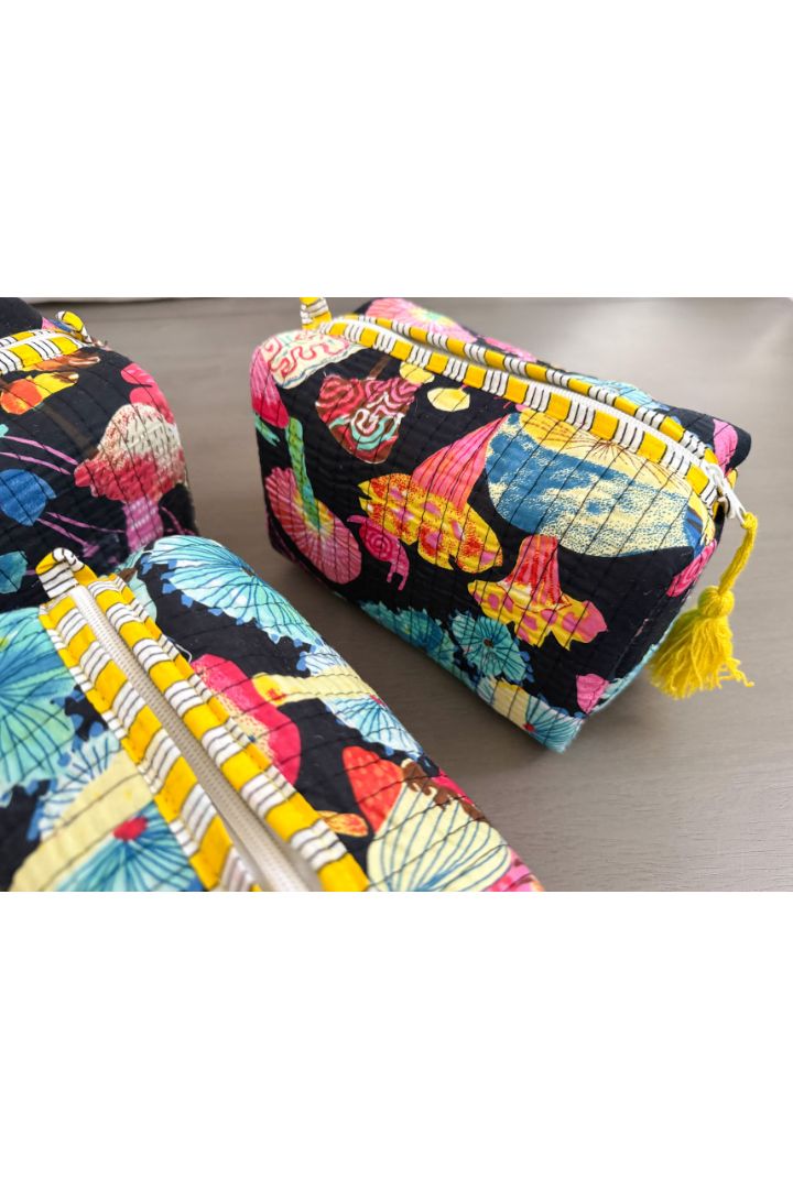 Set of 3 Black Print Quilted Cotton Cosmetic,Travel, Toiletry Bags