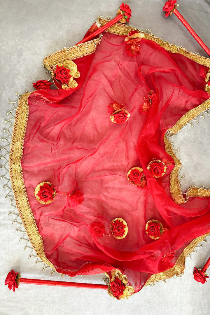Red Organza Fabric Phoolon Ki Chadar for Bridal Entry
