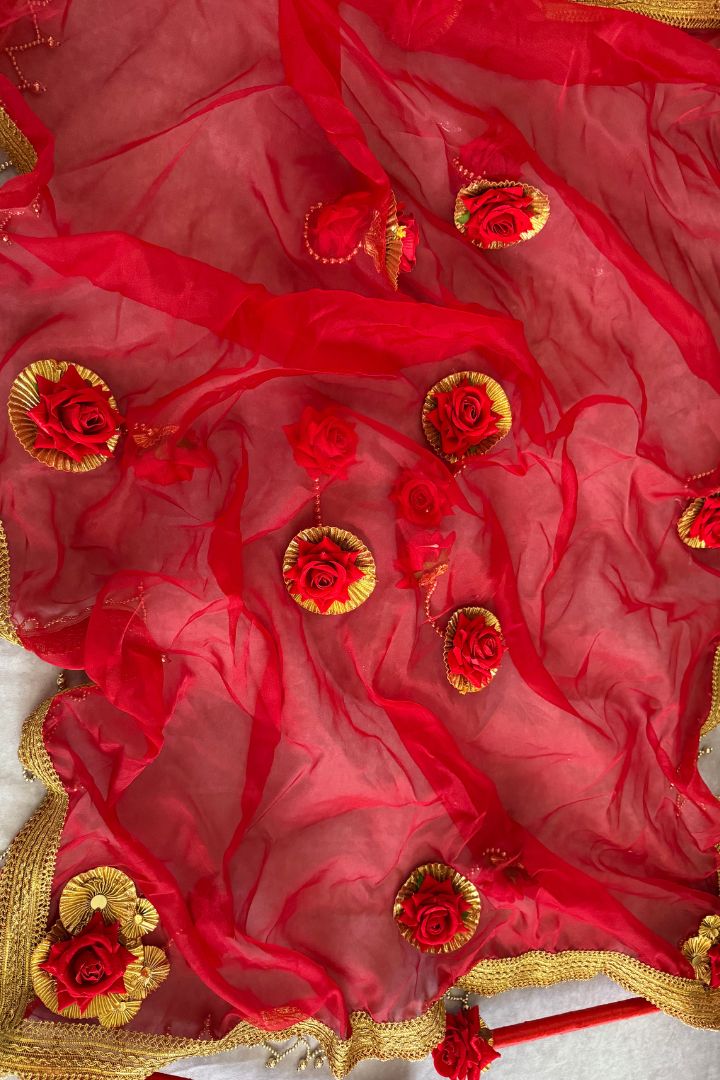 Red Organza Fabric Phoolon Ki Chadar for Bridal Entry