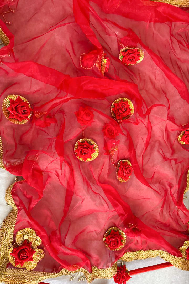 Red Organza Fabric Phoolon Ki Chadar for Bridal Entry