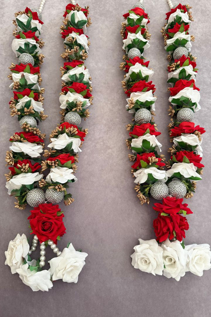 Maroon Red, White Rose Flowers and Gold Baby's Breath Flowers Varmala