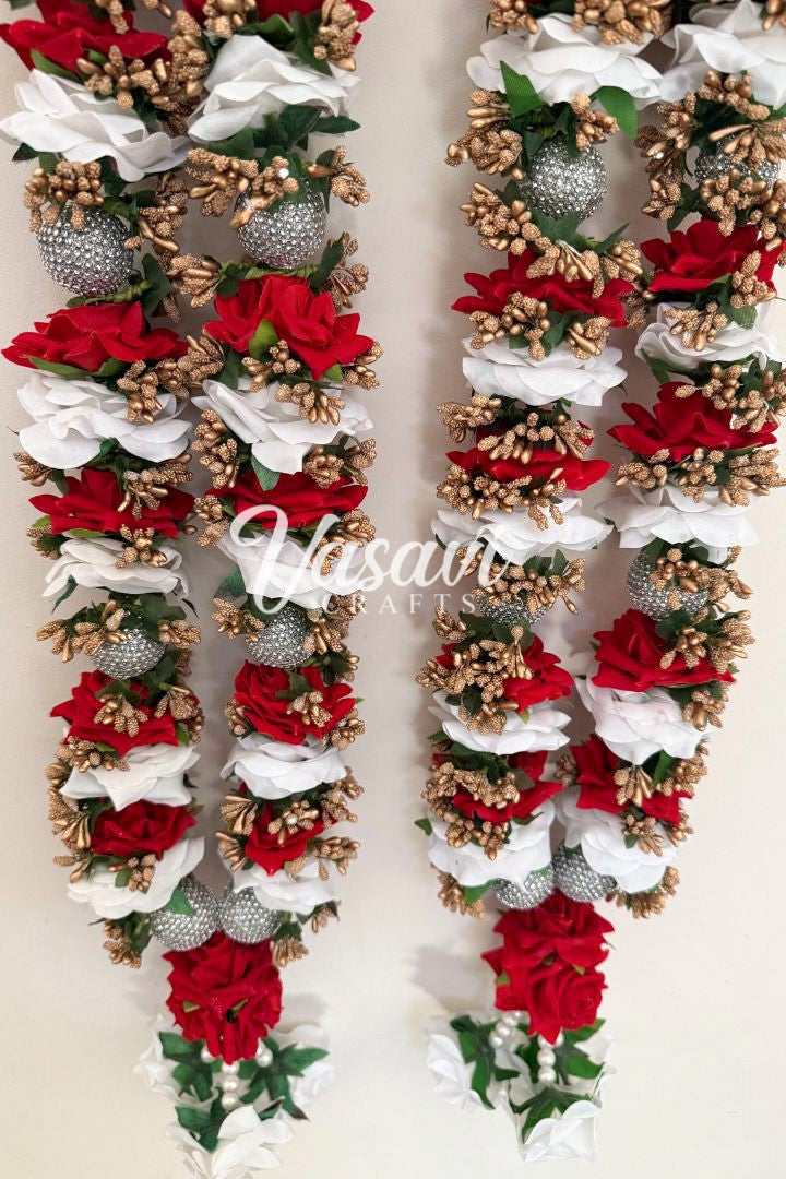 Maroon Red, White Rose Flowers and Gold Baby's Breath Flowers Varmala