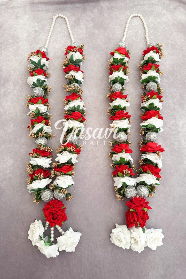 Maroon Red, White Rose Flowers and Gold Baby's Breath Flowers Varmala