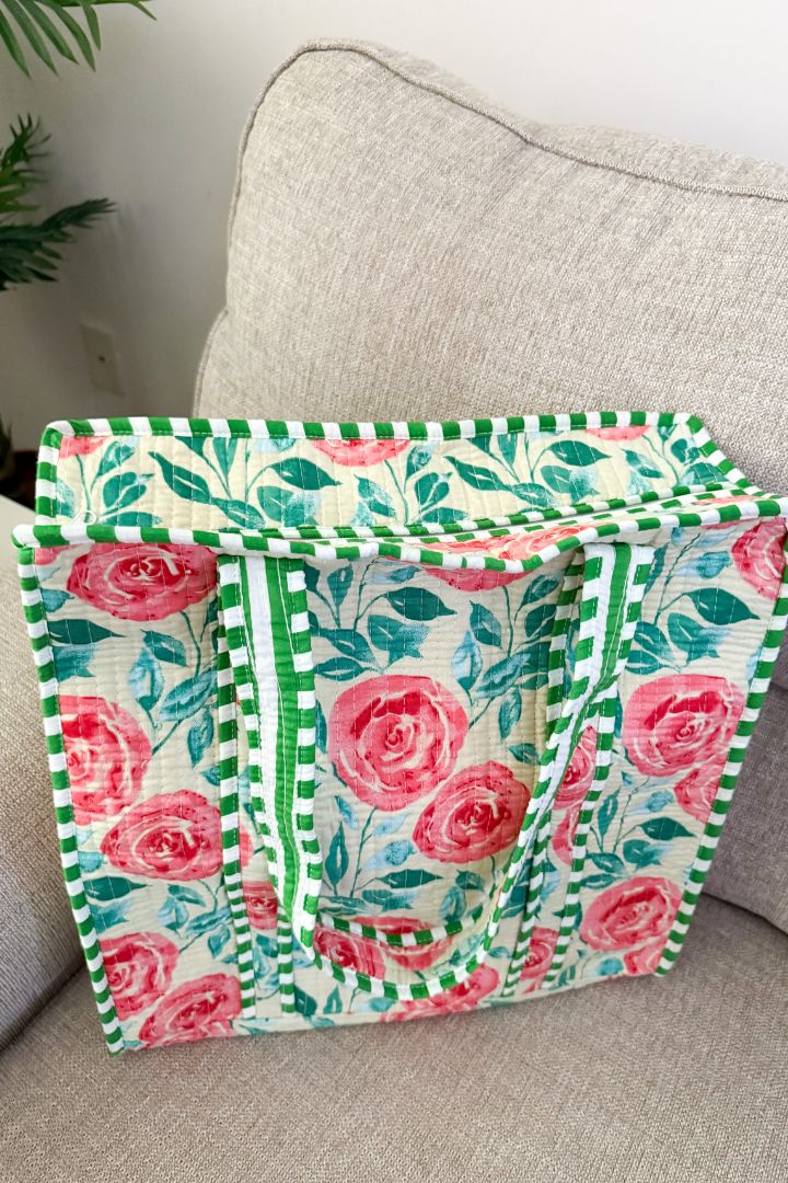 Quilted Cotton Rose Flower Print Beach Travel Tote