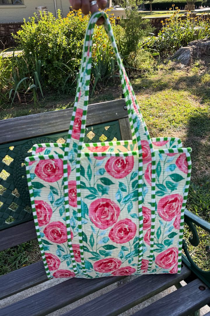 Quilted Cotton Rose Flower Print Beach Travel Tote