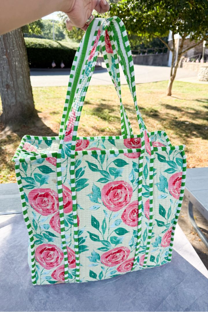 Quilted Cotton Rose Flower Print Beach Travel Tote